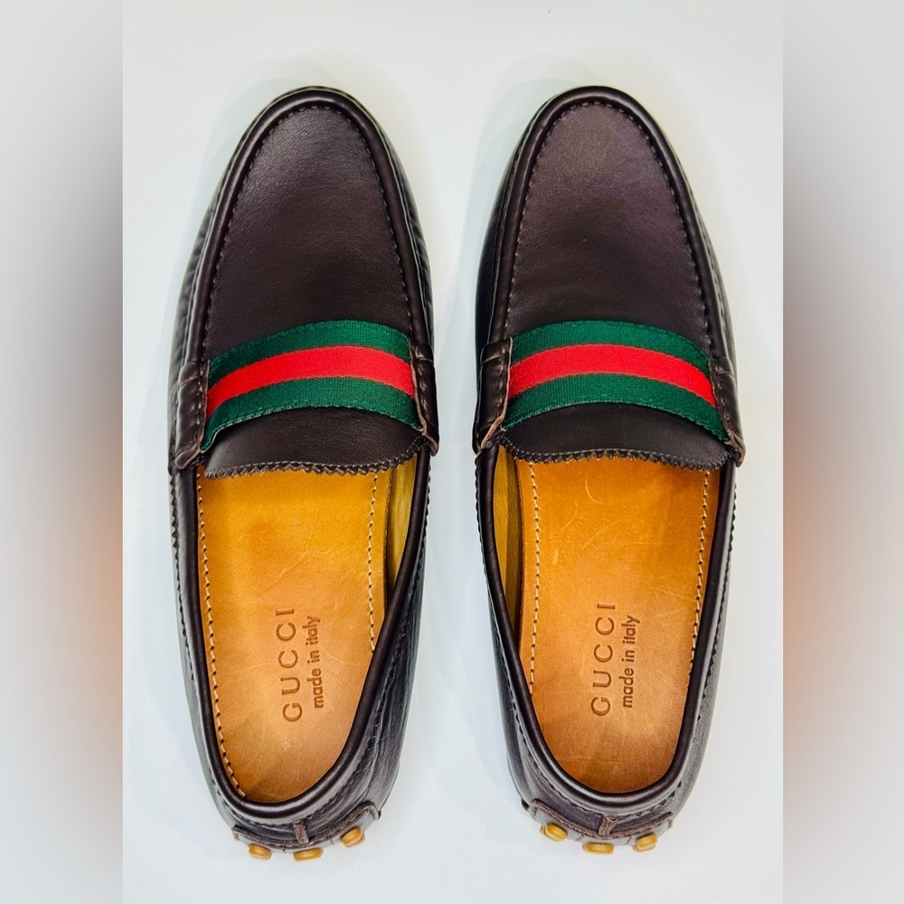 Men’s Gucci Web Accent Leather Drivers Moccasin Dark Brown Size 8.5 New no Box! - Picture 9 of 16